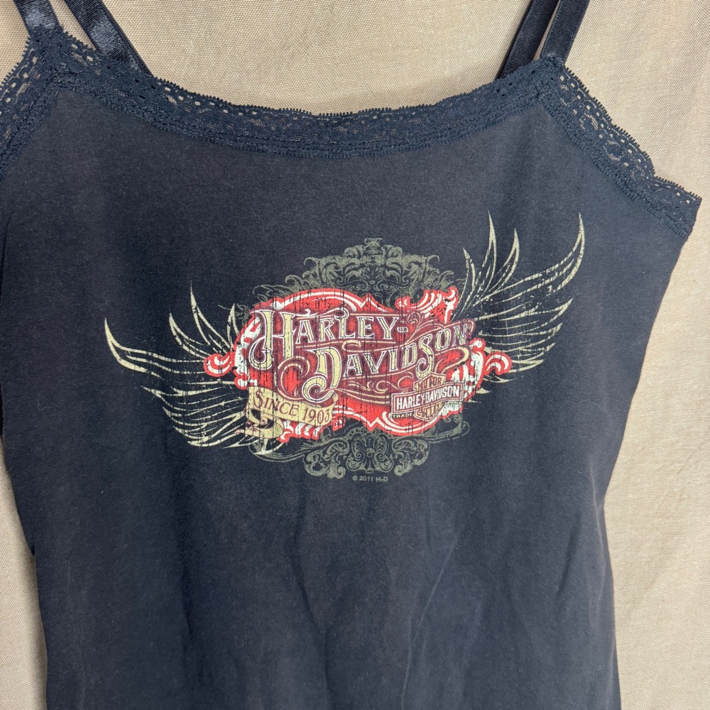 Harley-Davidson Womens Black Lace Trim Graphic Cami Tank Top Large Barnett 2011 - Picture 2 of 4